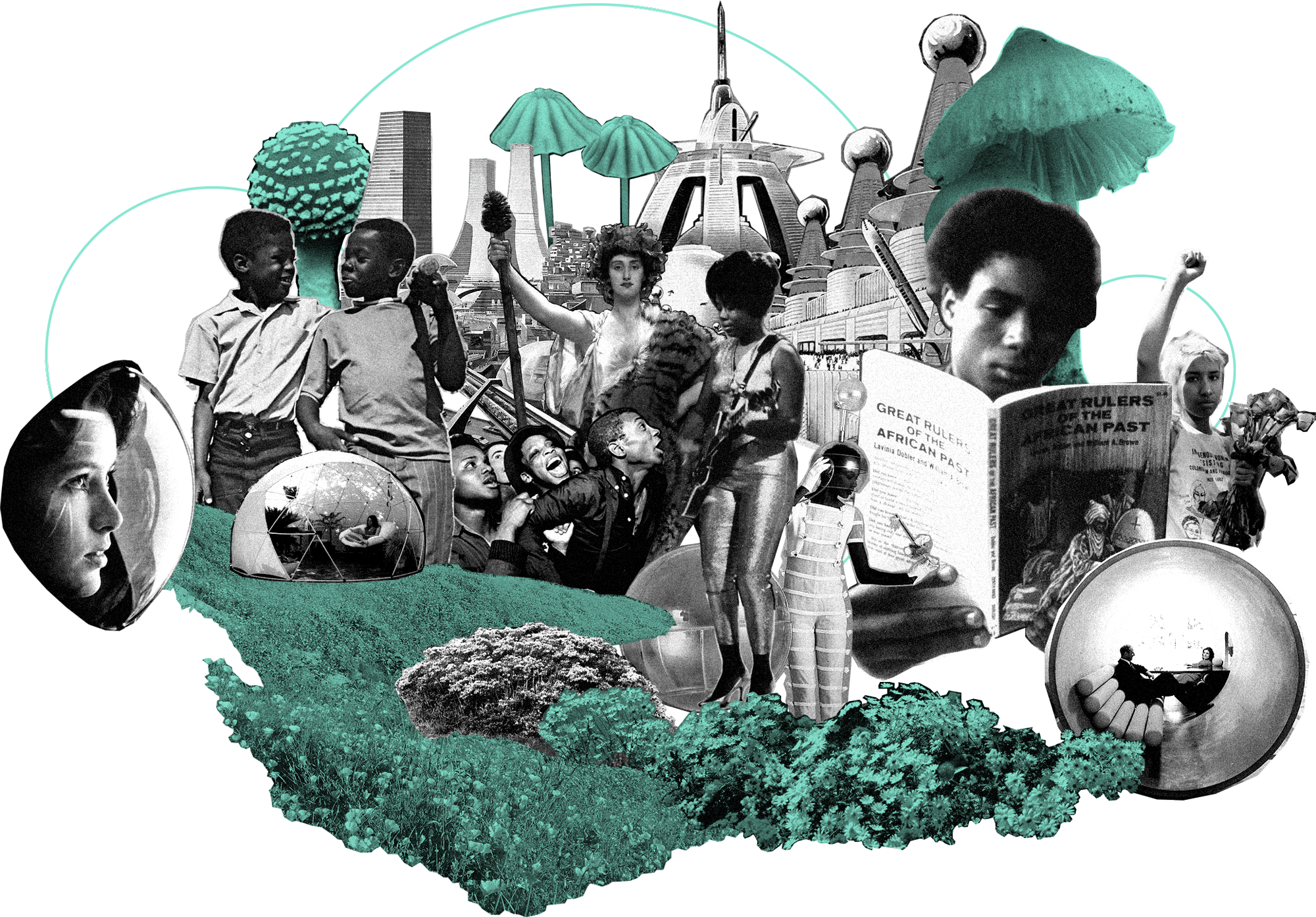 collage depicting themes about a utopian future of the planet and people's relationship with nature