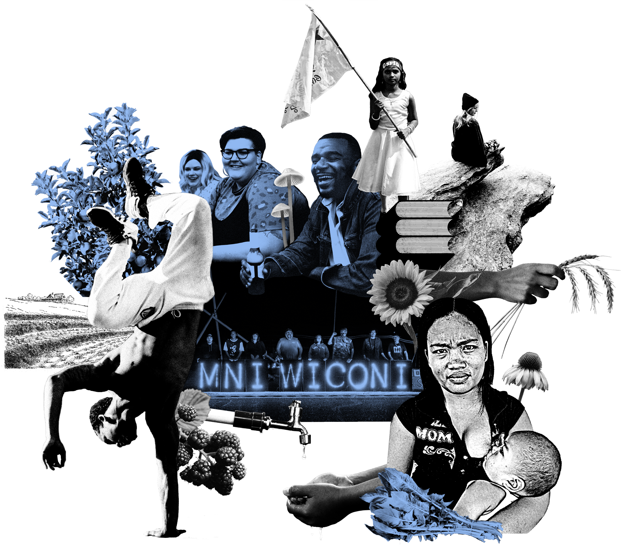 collage depicting themes about wellness of the community and of individual people