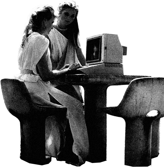 retro future women at a computer outside
